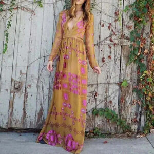 For Love & Lemons  Barcelona Maxi Dress Silk Blend Mustard Yellow Sz XS
